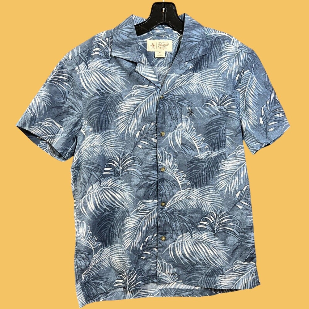 Penguin Hawaiian Shirt Mens Medium Heritage Slim Fit Short Sleeve Button Up